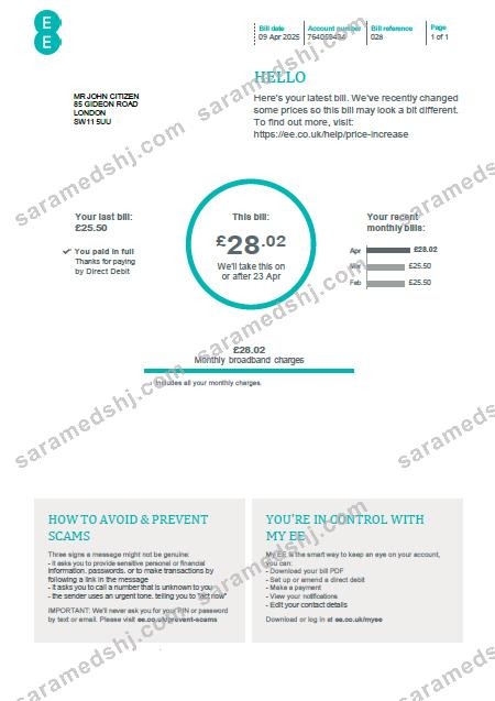 United Kingdom EE utility bill template in Word and PDF formats